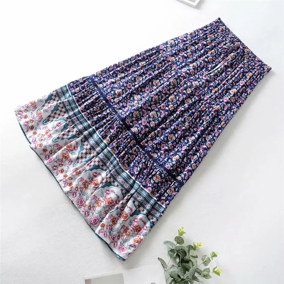 013 Boho Blue Floral Print Ruffle Maxi Skirt Gypsy - Picture 4 of 11